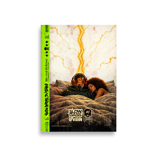 WAKE YOUR OWN MIND art poster showing Dawn asleep beside helmeted SVO beneath branching golden light, with a bright green border and SLOW BASS D/VISION branding.
