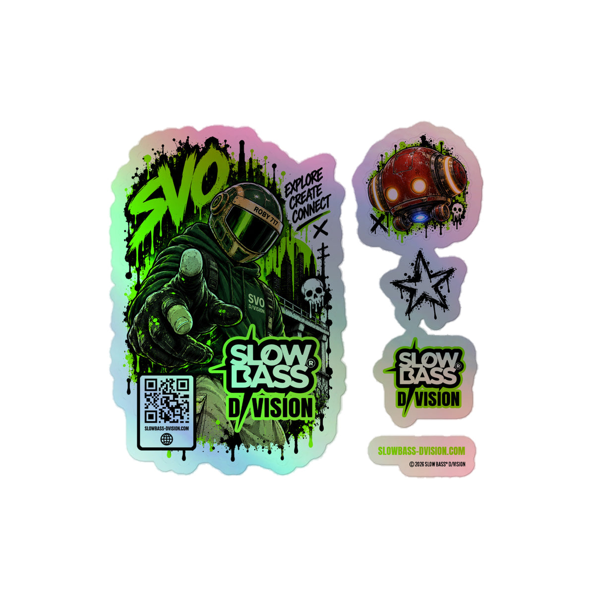 Holographic SLOW BASS D/VISION stickers featuring SVO in green, a red robot, a black star, the brand logo and website lettering.