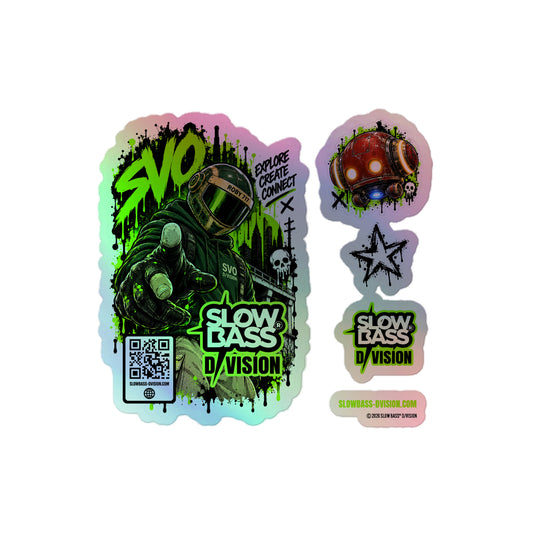 Holographic SLOW BASS D/VISION stickers featuring SVO in green, a red robot, a black star, the brand logo and website lettering.