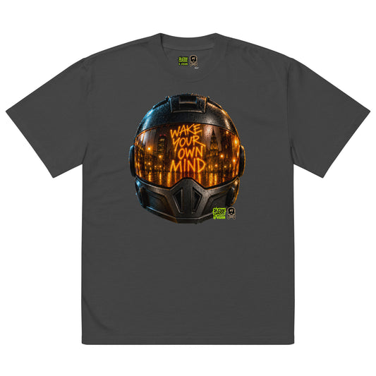 Front view of the SLOW BASS® D/VISION SVO HELMET oversized T-shirt, featuring the helmet artwork and WAKE YOUR OWN MIND lettering.