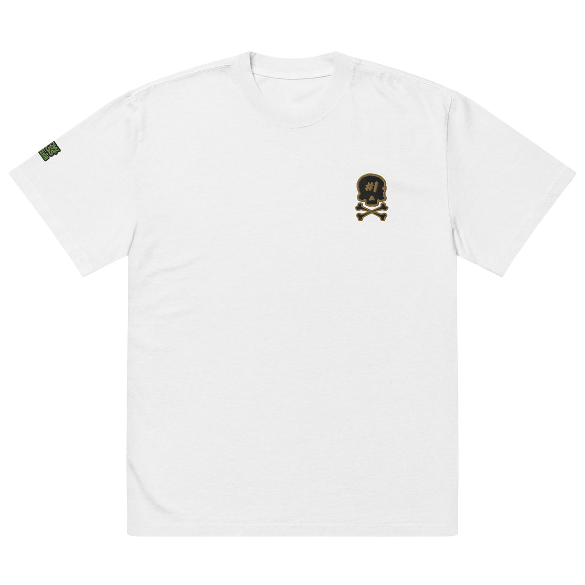 Front view of the white ISSUE #1 SKULL oversized T-shirt, with a small black and gold skull emblem on the chest and a sleeve detail.
