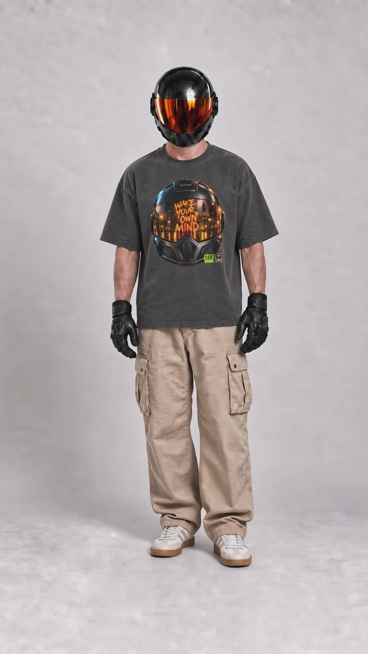 All views of the SLOW BASS® D/VISION SVO HELMET oversized T-shirt, featuring the helmet artwork and WAKE YOUR OWN MIND lettering.