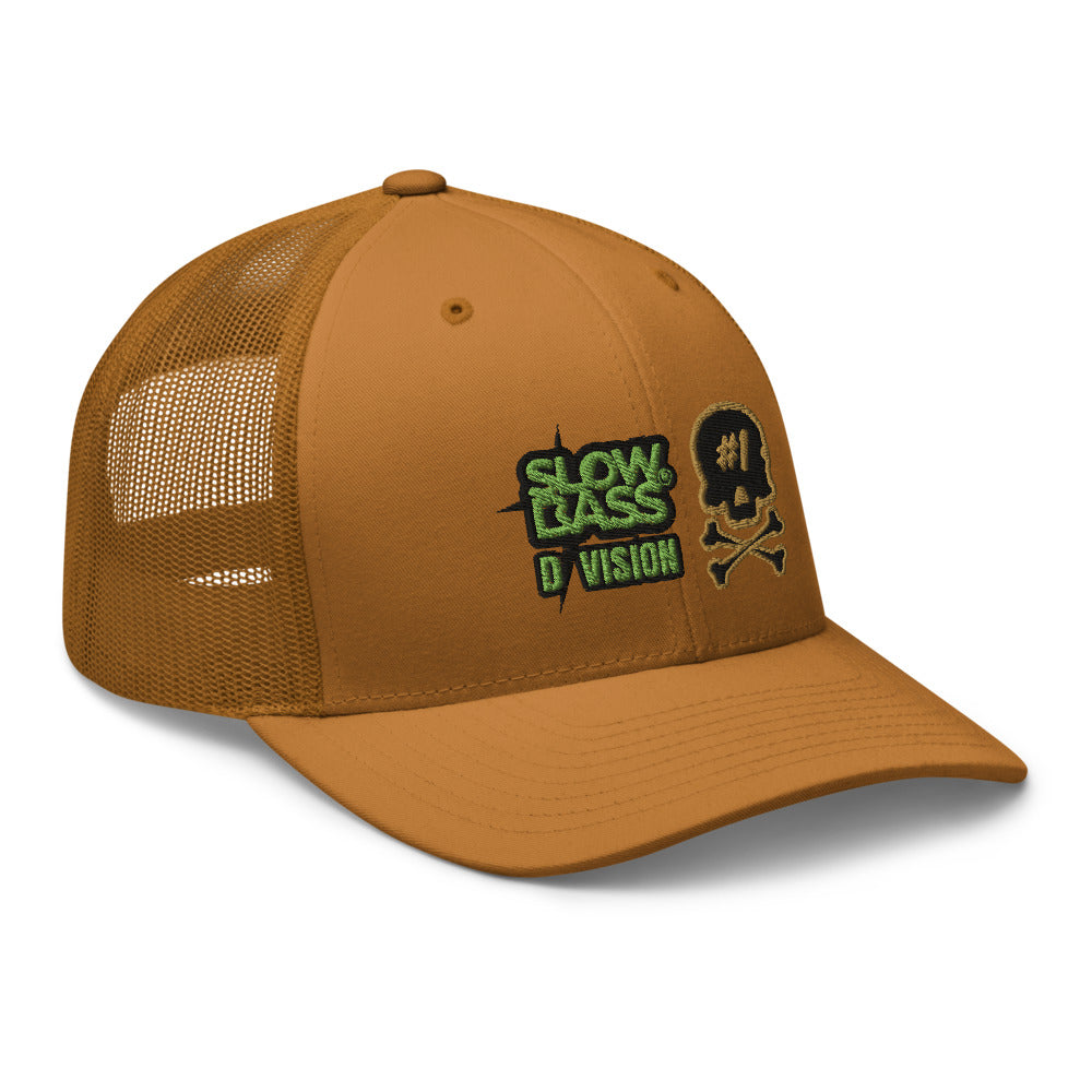 Angled front view of the caramel SBD #1 trucker cap, showing the curved visor, embroidered designs and mesh back.