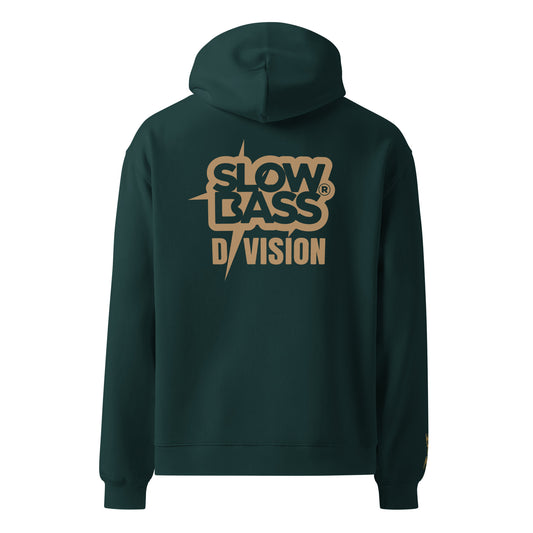 Back view of the pine green SVO oversized hoodie, featuring a large gold SLOW BASS D/VISION logo.