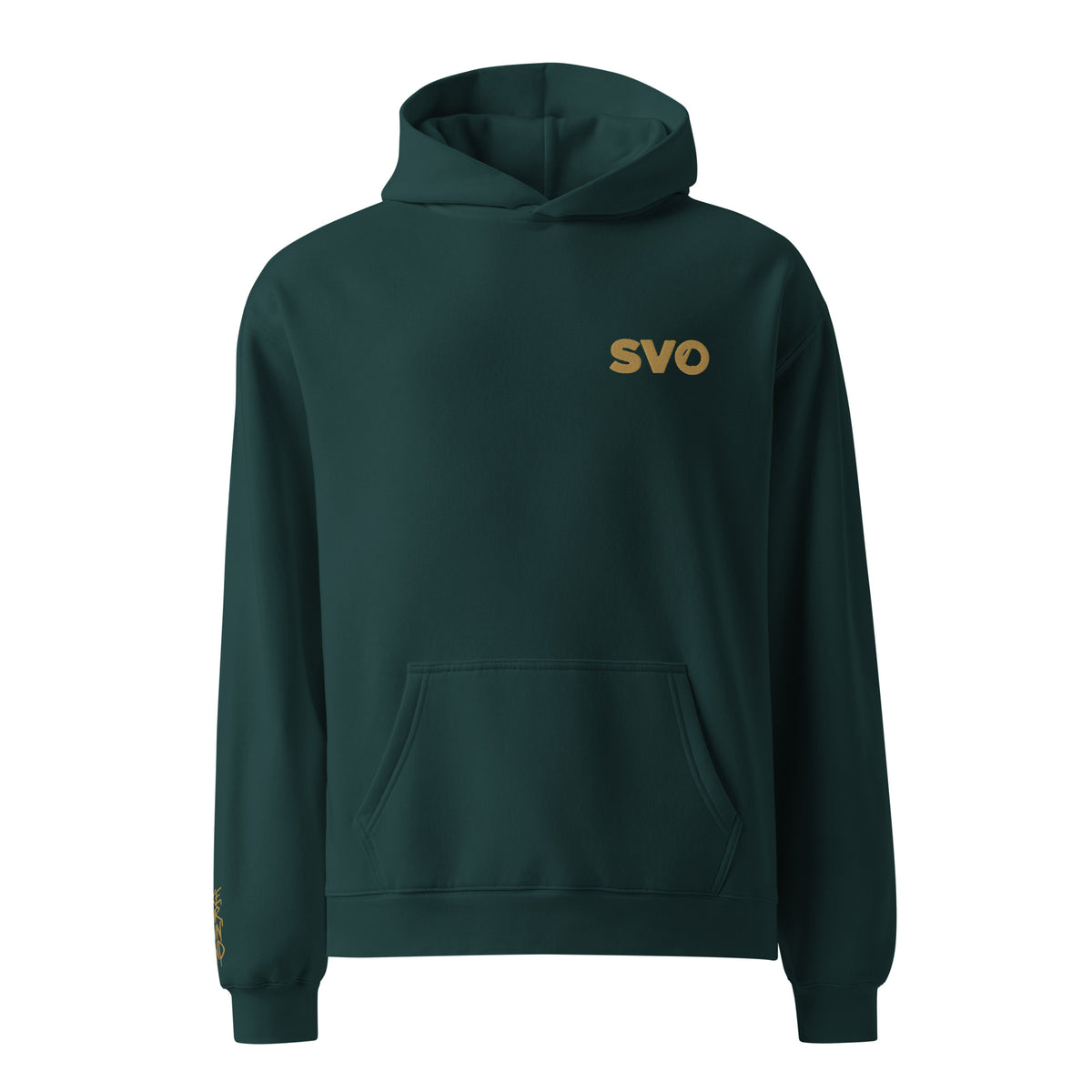 Front view of the pine green SVO oversized hoodie, with a small gold SVO chest logo, hood and kangaroo pocket.