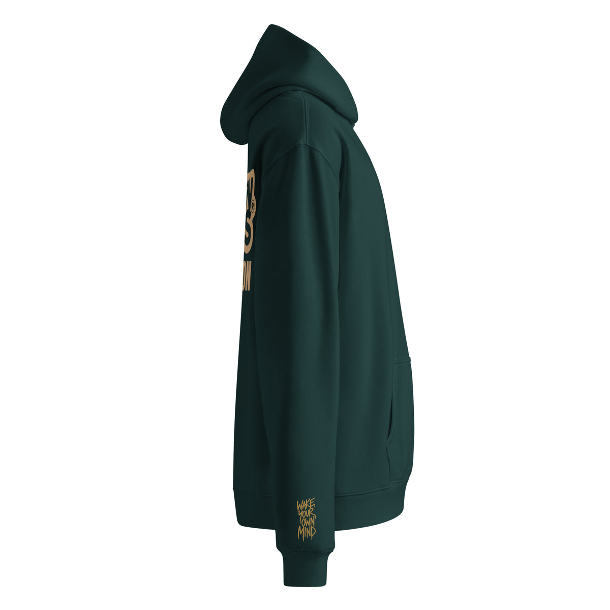 Side view of the pine green SVO oversized hoodie, showing the hood, loose silhouette and gold detail near the cuff.
